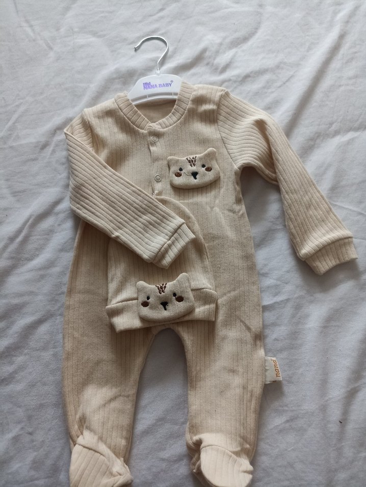 Bej Triko Bebek Erkek Tulum ve Şapka Seti - Görsel 3