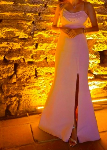 Pudra Uzun Abiye Elbise Drapeli ve Askılı - Görsel 2