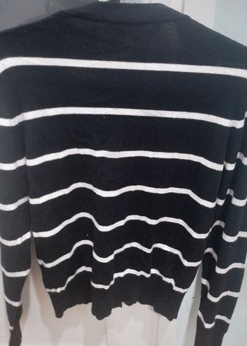 V Yaka Siyah Beyaz Çizgili Kadın Triko Hırka - Görsel 3