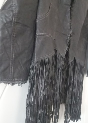 Püsküllü Siyah Uzun Deri Ceket - Görsel 2