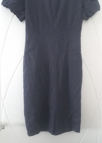 Açık lacivert kot renkli Keten V Yaka Midi Kalem Elbise - Görsel 4