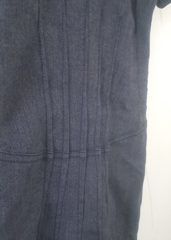 Açık lacivert kot renkli Keten V Yaka Midi Kalem Elbise - Görsel 3