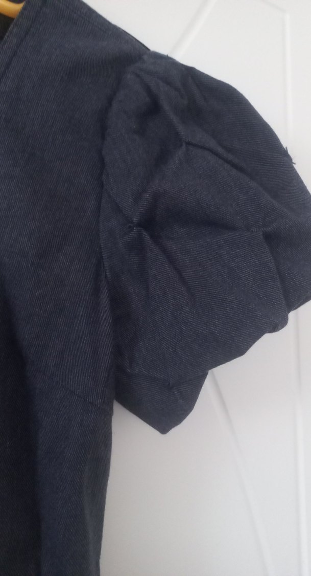 Açık lacivert kot renkli Keten V Yaka Midi Kalem Elbise - Görsel 2