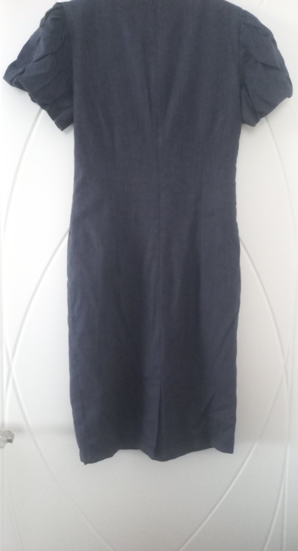 Açık lacivert kot renkli Keten V Yaka Midi Kalem Elbise - Görsel 4