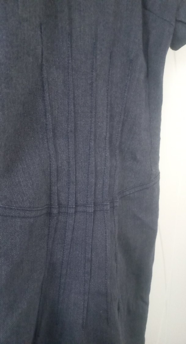 Açık lacivert kot renkli Keten V Yaka Midi Kalem Elbise - Görsel 3