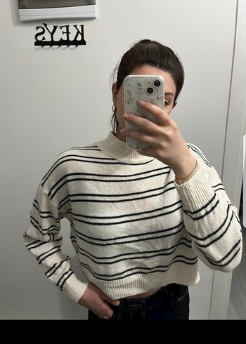 Çizgili Beyaz Gri Triko Kadın Kazak - Görsel 2