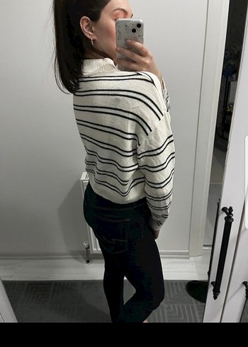 Çizgili Beyaz Gri Triko Kadın Kazak - Görsel 4