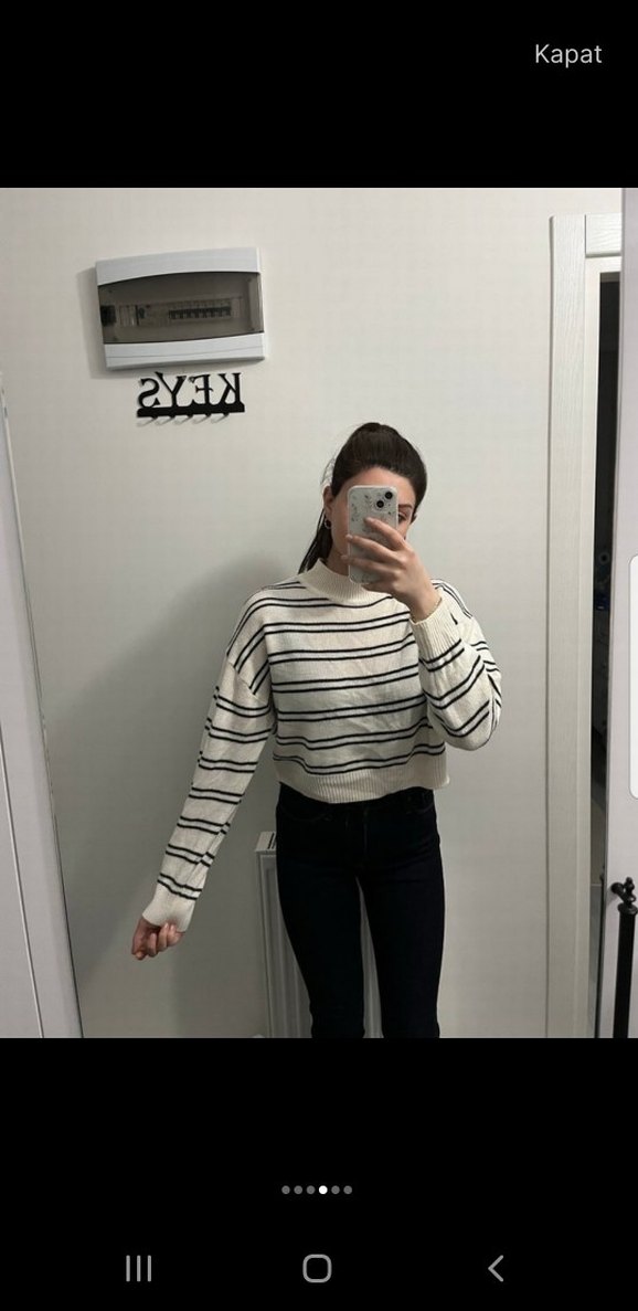 Çizgili Beyaz Gri Triko Kadın Kazak - Görsel 3