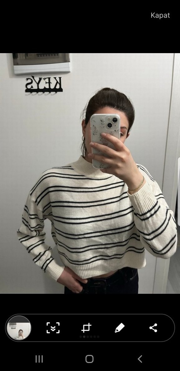 Çizgili Beyaz Gri Triko Kadın Kazak - Görsel 2