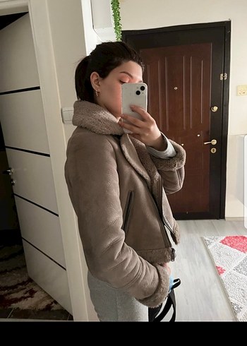 Kürklü Bej Süet Kadın Kısa Kışlık Mont - Görsel 3