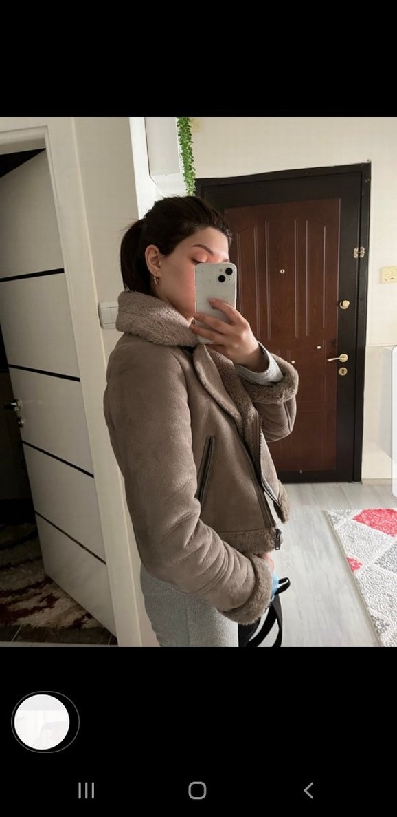 Kürklü Bej Süet Kadın Kısa Kışlık Mont - Görsel 3