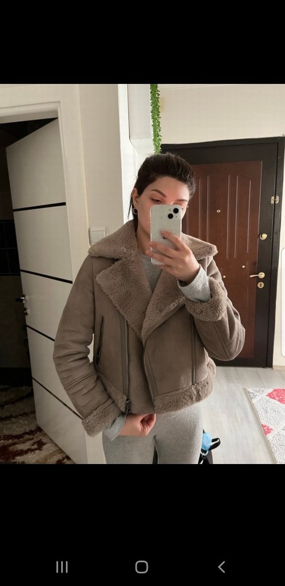 Kürklü Bej Süet Kadın Kısa Kışlık Mont - Görsel 2