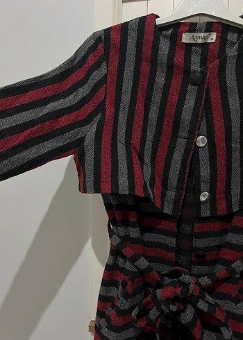 Bordo Çizgili Kadın Uzun Düğmeli Kaban - Görsel 4