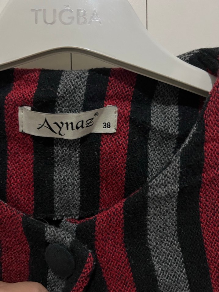 Bordo Çizgili Kadın Uzun Düğmeli Kaban - Görsel 3