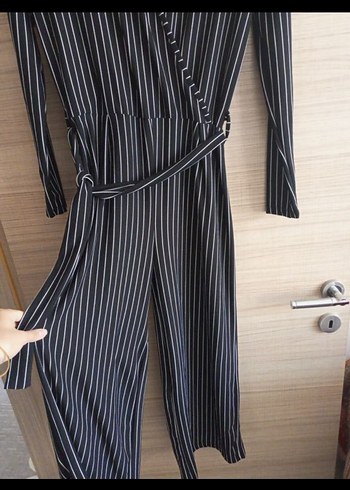 Kadın Siyah Çizgili V Yaka Tulum - Görsel 2