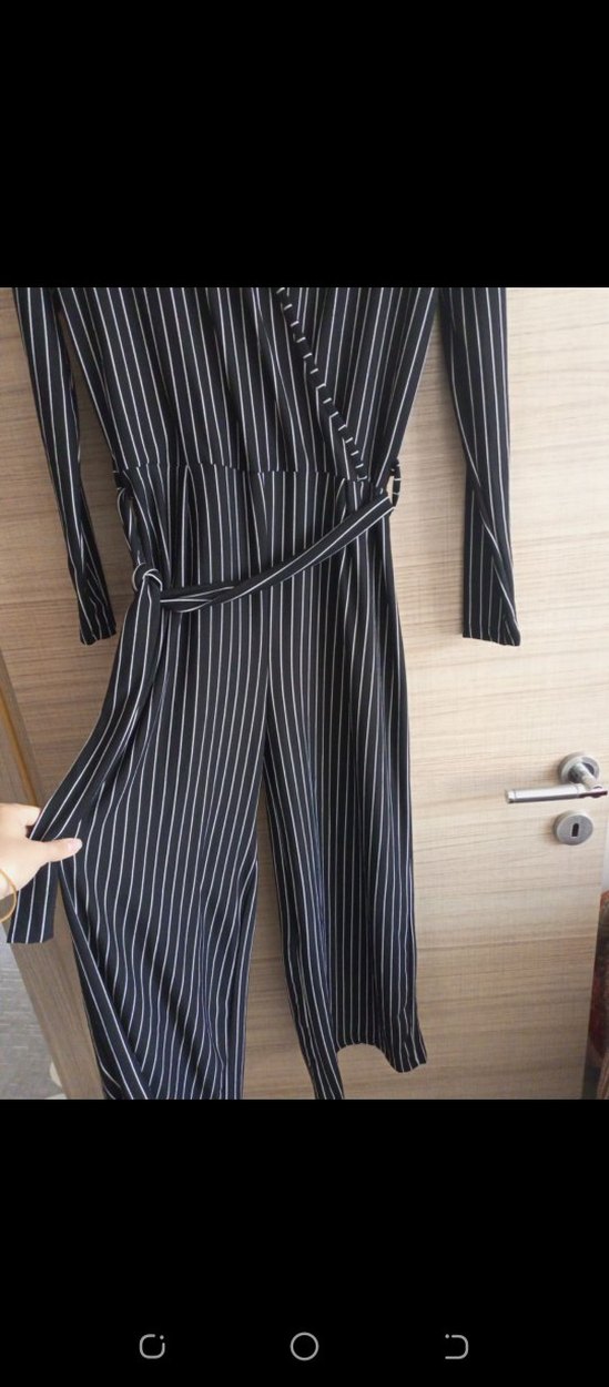 Kadın Siyah Çizgili V Yaka Tulum - Görsel 2