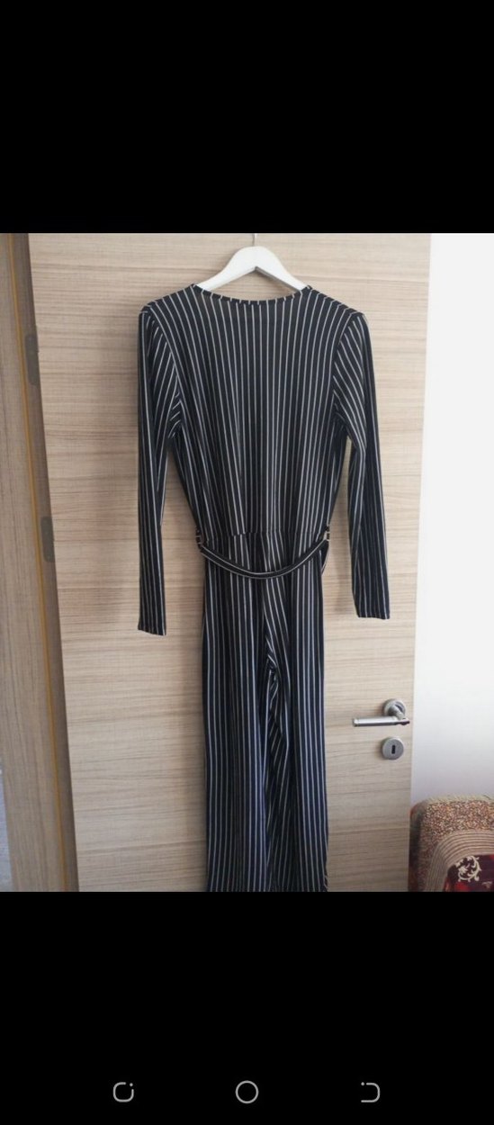 Kadın Siyah Çizgili V Yaka Tulum - Görsel 3