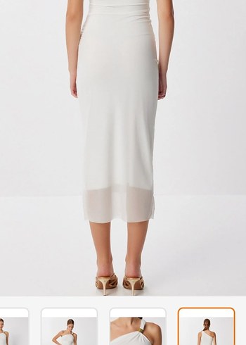 Beyaz Midi Drapeli Straplez Kadın Elbise - Görsel 3