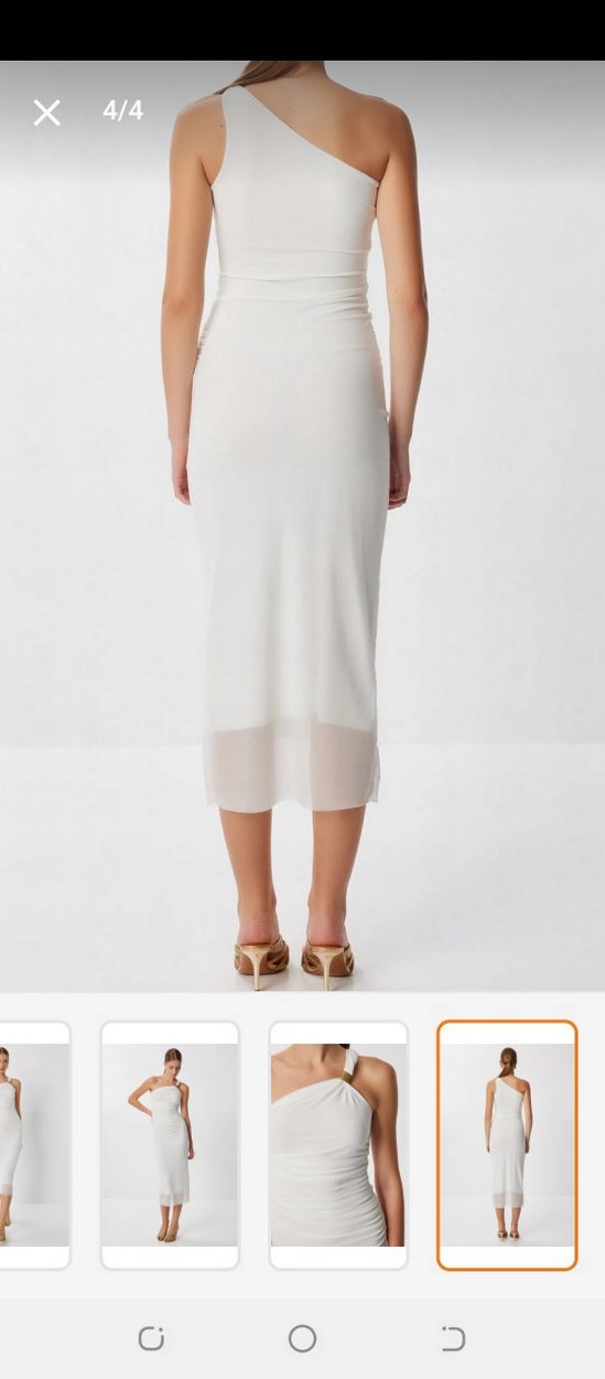 Beyaz Midi Drapeli Straplez Kadın Elbise - Görsel 3