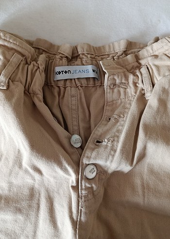 Düğmeli Bej Keten Yüksek Bel Mini Şort - Görsel 2