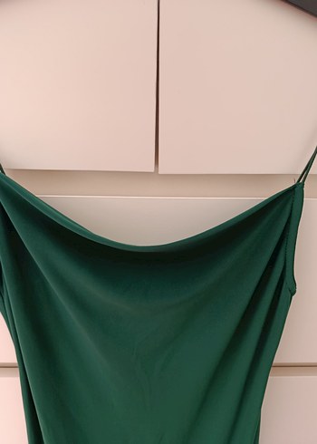 Yeşil Drapeli Midi Saten Elbise - Görsel 2