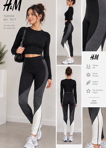 H&M Siyah Gri Beyaz Yuksek Bel Spor Tayt