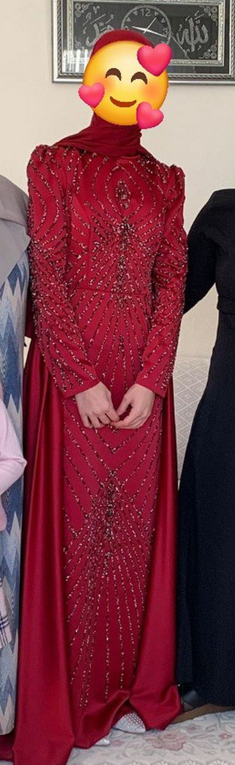 Bordo Uzun Kollu Yüksek Yakalı Tesettür Abiye Taş detaylı - Görsel 3