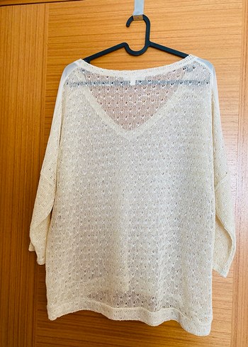 Bohem V Yaka Beyaz Örgü Kadın ince triko bluz - Görsel 3