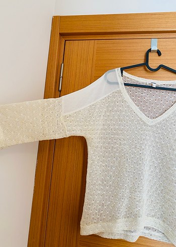 Bohem V Yaka Beyaz Örgü Kadın ince triko bluz - Görsel 2