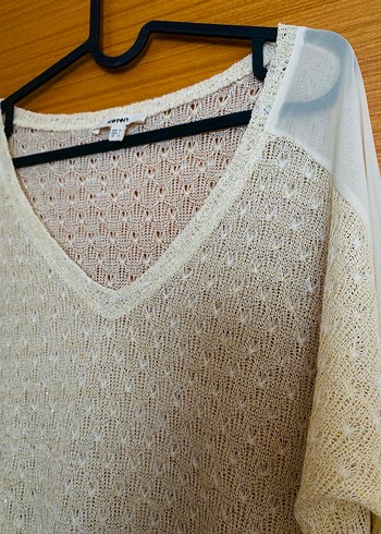 Bohem V Yaka Beyaz Örgü Kadın ince triko bluz - Görsel 4