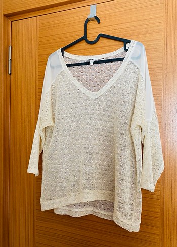 Bohem V Yaka Beyaz Örgü Kadın ince triko bluz - Görsel 5