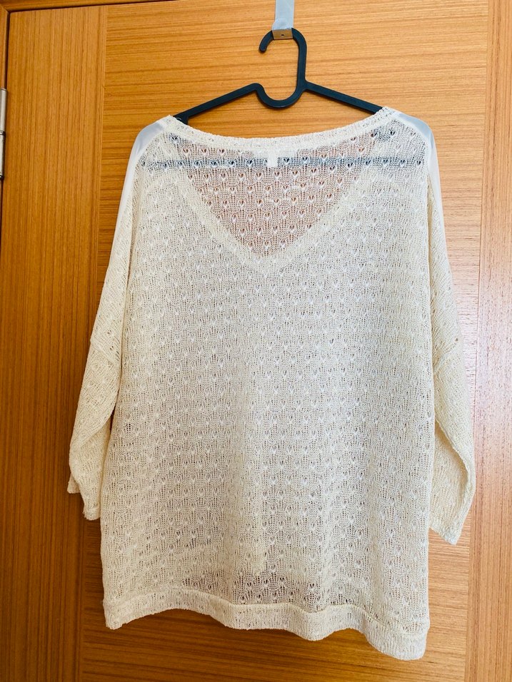 Bohem V Yaka Beyaz Örgü Kadın ince triko bluz - Görsel 3