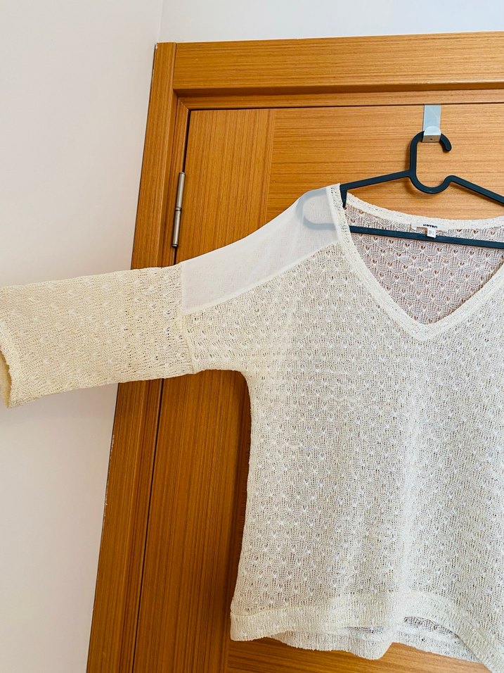 Bohem V Yaka Beyaz Örgü Kadın ince triko bluz - Görsel 2