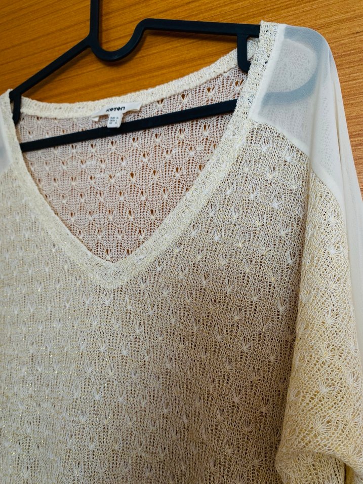 Bohem V Yaka Beyaz Örgü Kadın ince triko bluz - Görsel 4