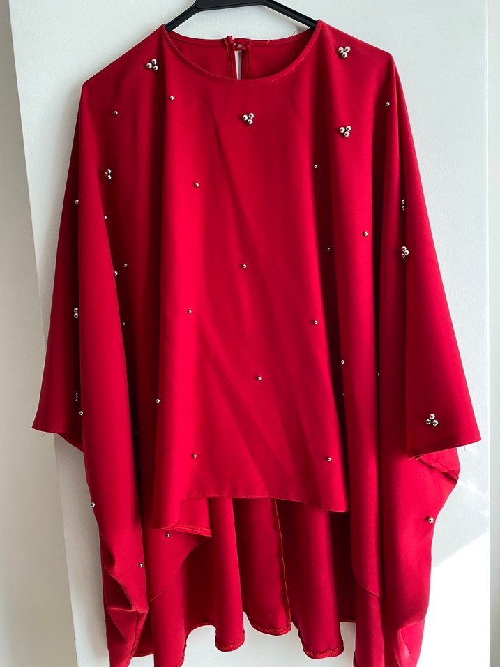 Kırmızı İşlemeli Uzun kadın bluz - Görsel 3