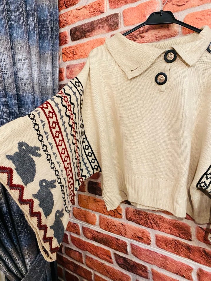 Bohem Etnik Desenli Kadın Triko Kazak - Görsel 4