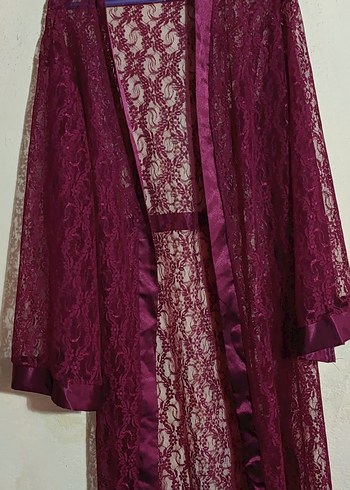 Bordo Uzun Dantel Kadın Sabahlık - Görsel 2