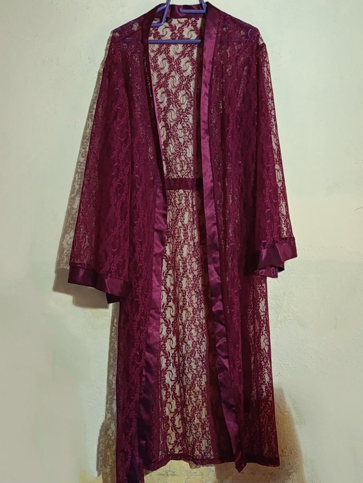 Bordo Uzun Dantel Kadın Sabahlık - Görsel 3