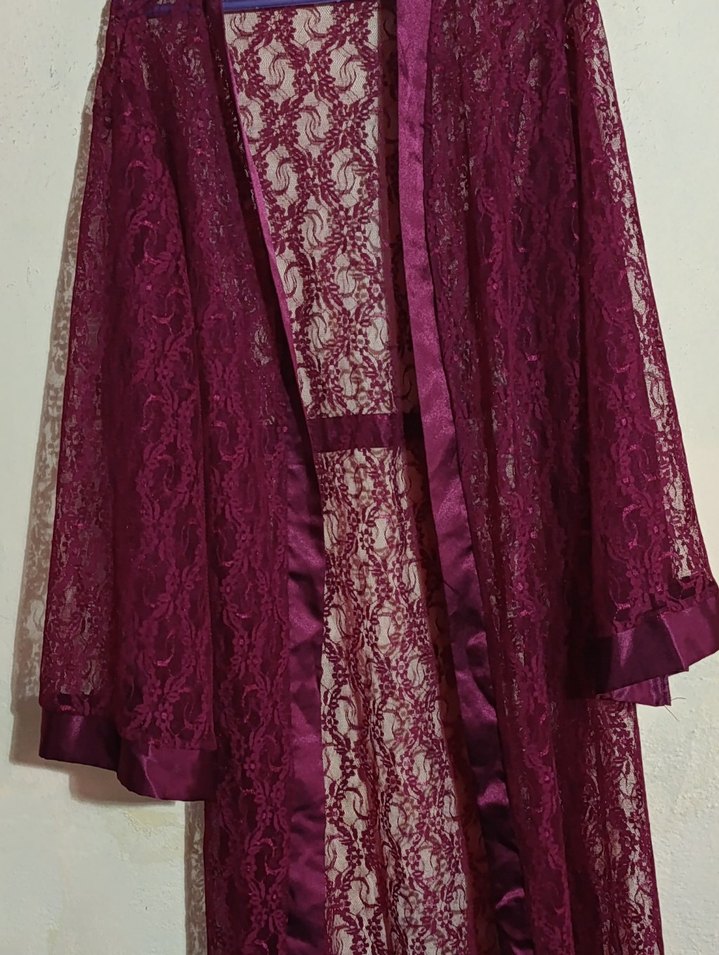 Bordo Uzun Dantel Kadın Sabahlık - Görsel 2