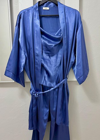 Parlak Mavi Uzun Kadın Sabahlık Pamuk Saten - Görsel 3