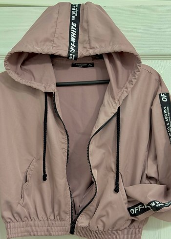 Pembe Kapüşonlu Mini Fermuarlı Ceket - Görsel 3