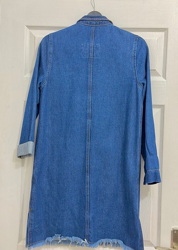 Düğmeli Mavi Midi Denim Ceket - Görsel 3