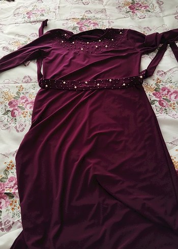 Bordo Uzun Kollu Drapeli Kadın Elbise - Görsel 2