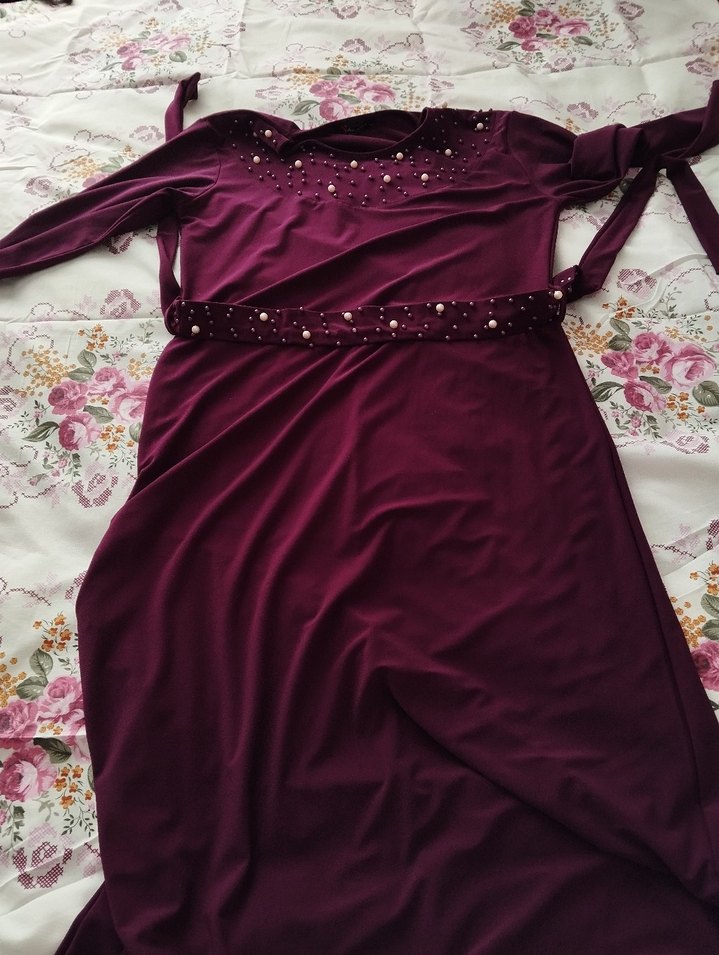 Bordo Uzun Kollu Drapeli Kadın Elbise - Görsel 2