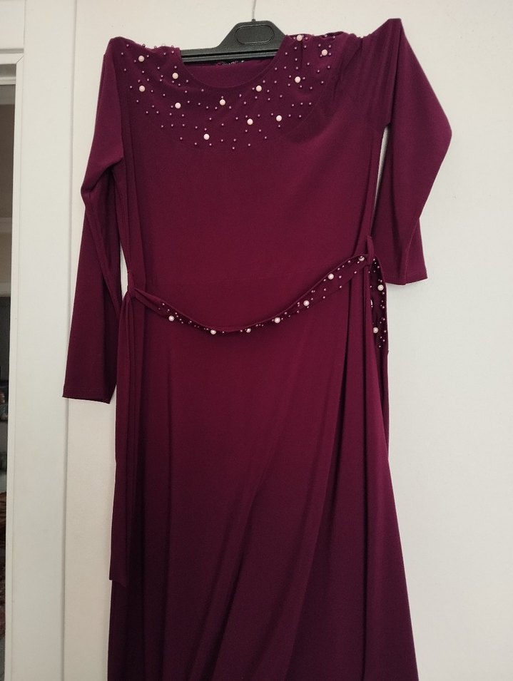 Bordo Uzun Kollu Drapeli Kadın Elbise - Görsel 3