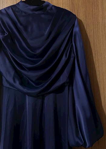 Lacivert Uzun Drapeli Kadın Elbise - Görsel 3