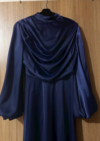 Lacivert Uzun Drapeli Kadın Elbise - Görsel 2