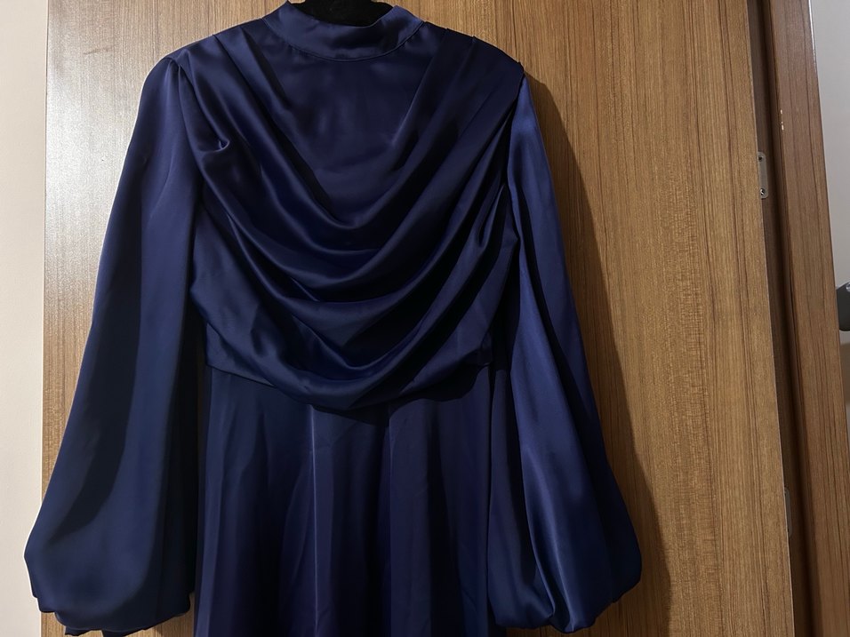 Lacivert Uzun Drapeli Kadın Elbise - Görsel 3