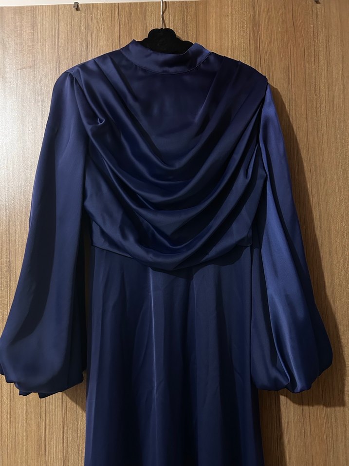 Lacivert Uzun Drapeli Kadın Elbise - Görsel 2