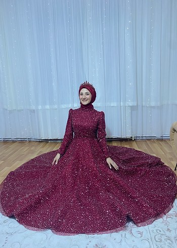 Bordo İşlemeli Uzun Kollu Abiye Elbise - Görsel 2